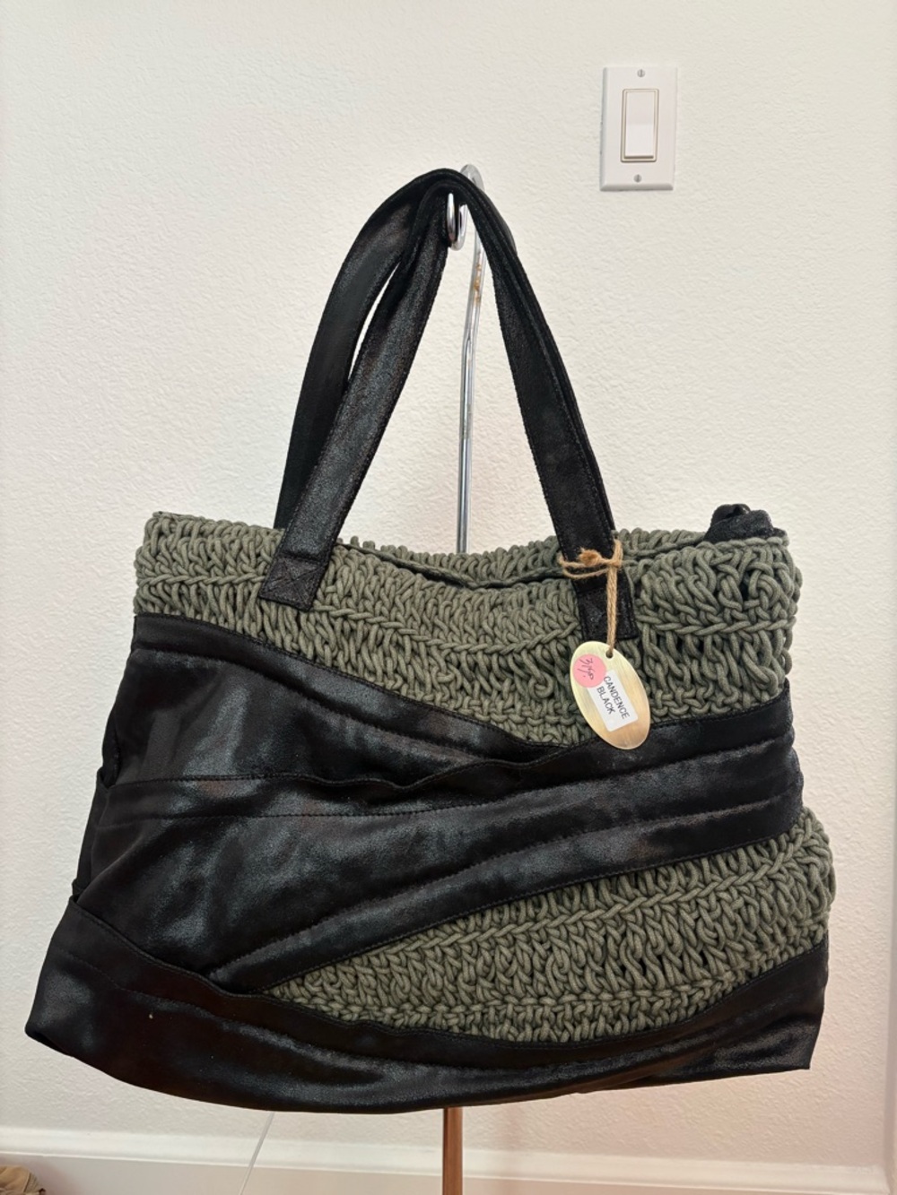 Textured Olive Knit Tote with Black Trim